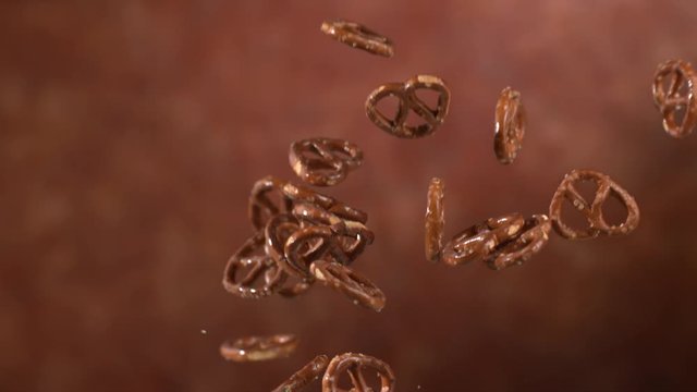 Pretzels flying in slow motion, shot on Phantom Flex 4K