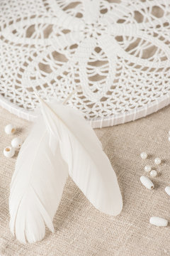 feathers and white dream catcher