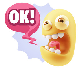 3d Illustration Angry Face Emoticon saying OK with Colorful Spee