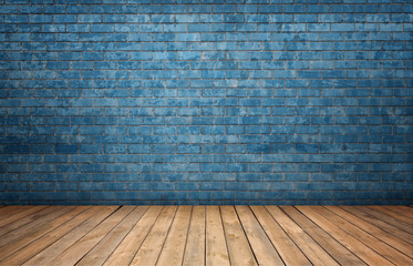 Rendering of interior with blue brick wall and wooden floor