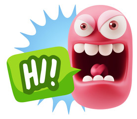 3d Illustration Angry Face Emoticon saying Hi with Colorful Spee