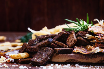 Dried crust from black rye bread with salt and spices, beer snac
