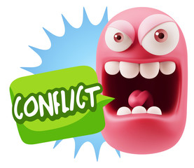 3d Illustration Angry Face Emoticon saying Conflict with Colorfu