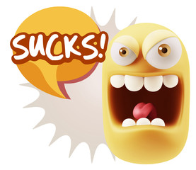 3d Illustration Angry Face Emoticon saying Sucks with Colorful S