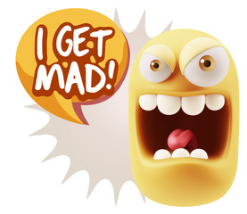 3d Illustration Angry Face Emoticon saying I Get Mad with Colorf