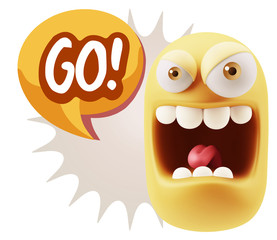 3d Illustration Angry Face Emoticon saying Go with Colorful Spee