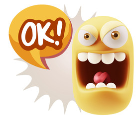 3d Illustration Angry Face Emoticon saying OK with Colorful Spee