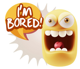 3d Illustration Angry Face Emoticon saying I'm Bored with Colorf