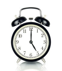 Alarm Clock isolated on white, in black and white, five o'clock.