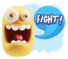 3d Illustration Angry Face Emoticon saying Fight with Colorful S