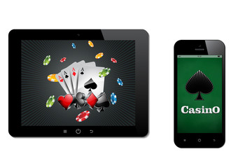 The tablet on a white background. The application for the game of Poker and Casino. Poker and Casino logo. Pocket PC. Mobile apps. Smartphone.