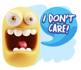 3d Illustration Angry Face Emoticon saying I Don't Care with Col