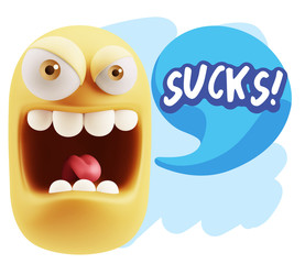 3d Illustration Angry Face Emoticon saying Sucks with Colorful S
