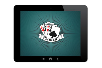 The tablet on a white background. The application for the game of Poker and Casino. Poker and Casino logo. Pocket PC. Mobile apps.