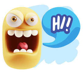 3d Illustration Angry Face Emoticon saying Hi with Colorful Spee