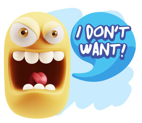 3d Illustration Angry Face Emoticon saying I Don't Want with Col