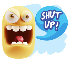3d Illustration Angry Face Emoticon saying Shut Up with Colorful