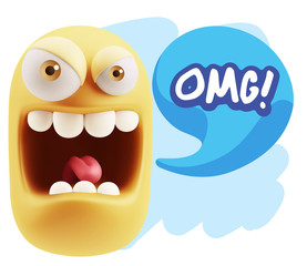 3d Illustration Angry Face Emoticon saying OMG with Colorful Spe