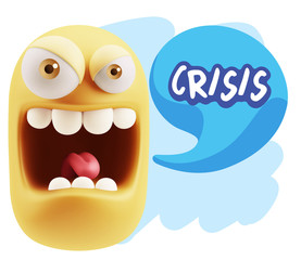 3d Illustration Angry Face Emoticon saying Crisis with Colorful