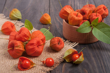 physalis scattered on a dark wooden table