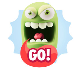 3d Illustration Angry Face Emoticon saying Go with Colorful Spee