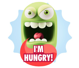 3d Illustration Angry Face Emoticon saying I'm Hungry with Color
