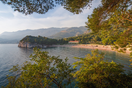 View of the Mediterranean sea and luxury hotel near beach. Milocer Park. Montenegro.
