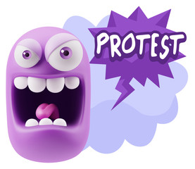 3d Illustration Angry Face Emoticon saying Protest with Colorful