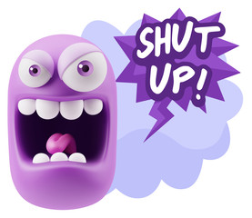 3d Illustration Angry Face Emoticon saying Shut Up with Colorful