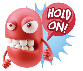 3d Rendering Angry Character Emoji saying Hold On with Colorful