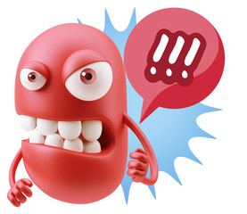 3d Rendering Angry Character Emoji saying !!! with Colorful Spee