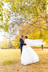 autumn wedding in the park, bride and groom