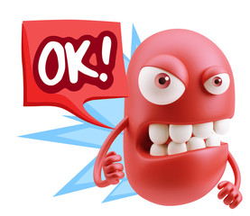 Obraz premium 3d Rendering Angry Character Emoji saying OK with Colorful Speec