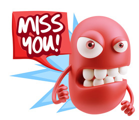 3d Rendering Angry Character Emoji saying Miss You with Colorful