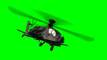 armed longbow apache helicopter in flight on green screen