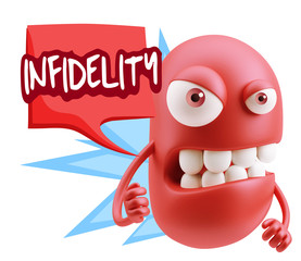 3d Rendering Angry Character Emoji saying Infidelity with Colorf