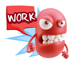 3d Rendering Angry Character Emoji saying Work with Colorful Spe
