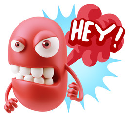Obraz premium 3d Rendering Angry Character Emoji saying Hey with Colorful Spee