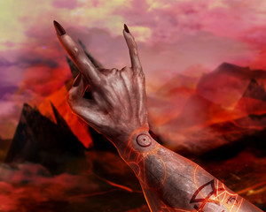 3D illustration of a first person demonic hand.
Artwork of a 3d first person view demonic hand showing horn sign and magic pentacle on hellish landscape background.