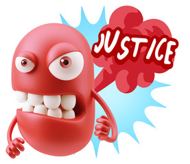 3d Rendering Angry Character Emoji saying Justice with Colorful
