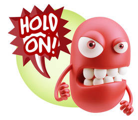 3d Rendering Angry Character Emoji saying Hold On with Colorful