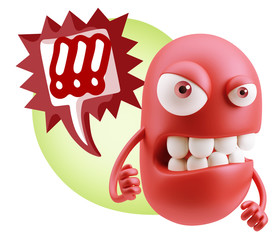3d Rendering Angry Character Emoji saying !!! with Colorful Spee