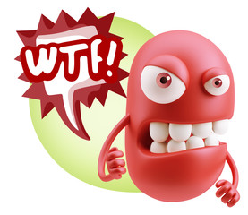 3d Rendering Angry Character Emoji saying WTF with Colorful Spee