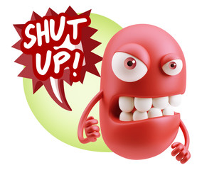 3d Rendering Angry Character Emoji saying Shut Up with Colorful