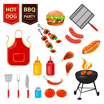 Oktoberfest barbecue party. Set of flat icons with grilled chicken drumsticks, hot dog, meat and sauces vector illustration