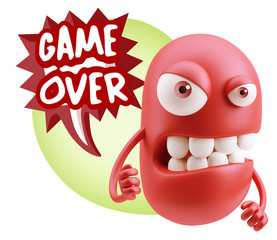 3d Rendering Angry Character Emoji saying Game Over with Colorfu