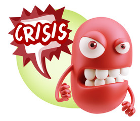 3d Rendering Angry Character Emoji saying Crisis with Colorful S