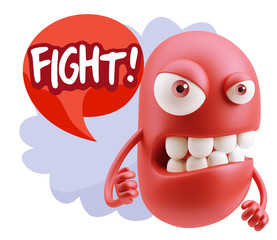 3d Rendering Angry Character Emoji saying Fight with Colorful Sp