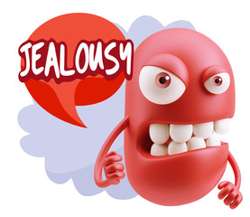 3d Rendering Angry Character Emoji saying Jealousy with Colorful
