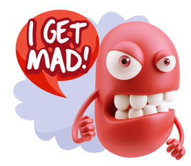 3d Rendering Angry Character Emoji saying I Get Mad with Colorfu